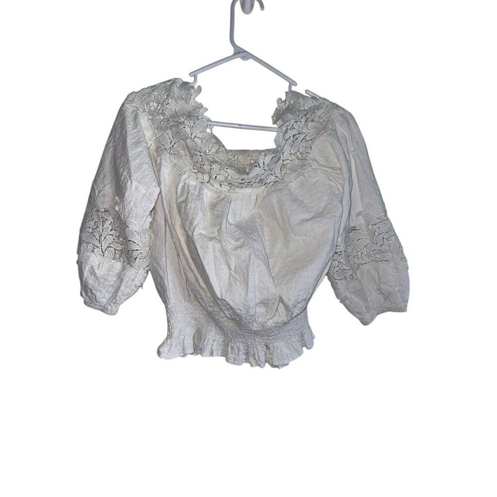 Color Swatch Off Shoulder Crop Top Sz M White Lace Crochet Boho Hippie Shirred